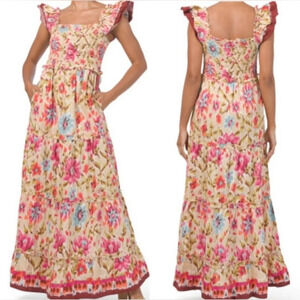 House Of Harlow 1960 Zoey Khaki Floral Print Smocked Maxi Dress Size Small